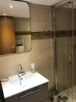 a bathroom with a sink and a shower at Résidence Porto Marine in Porto Ota