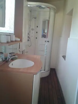 a bathroom with a shower and a white sink at Maison de village in Moltifao