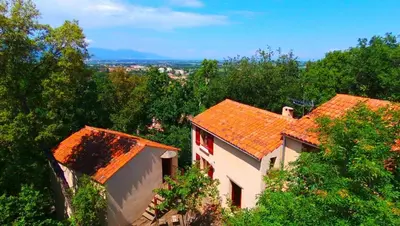 a white house with a red roof and trees at Maison de la Vigne in Venzolasca