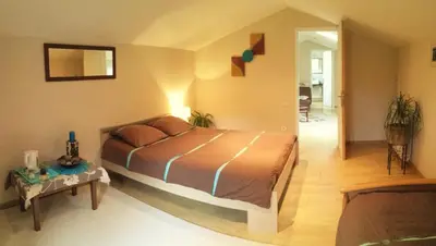 a bedroom with a large bed and a table at Autour du Hamac chambres et table d'hôtes in Moltifao
