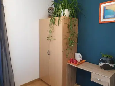 a wooden cabinet with plants on top of it in a room at Autour du Hamac chambres et table d'hôtes in Moltifao