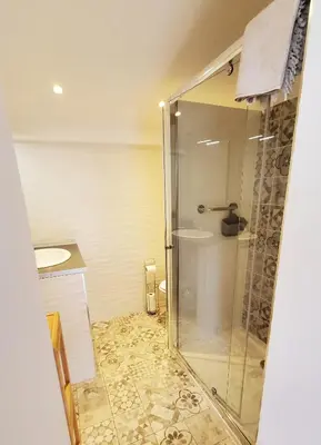 a bathroom with a shower and a sink at Chambre d'hôte Kalango proche de la plage-Piscine in Lucciana