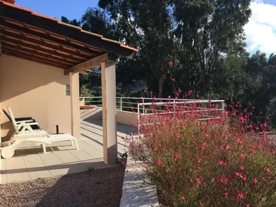 a patio with a bench and pink flowers and a fence at Les Maisonnettes de Lava - Golfe de Lava - APPIETTO in Appietto