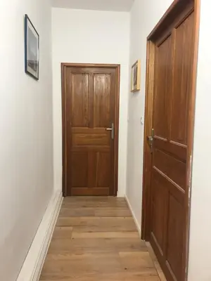 a hallway with a wooden door in a room at Grand studio rue piétonne Ajaccio in Ajaccio