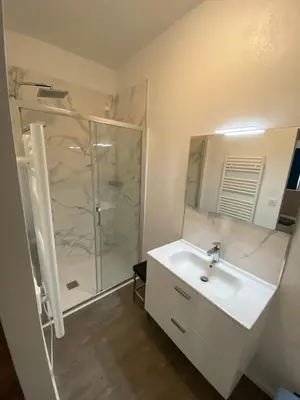 a bathroom with a white sink and a shower at Grand studio rue piétonne Ajaccio in Ajaccio