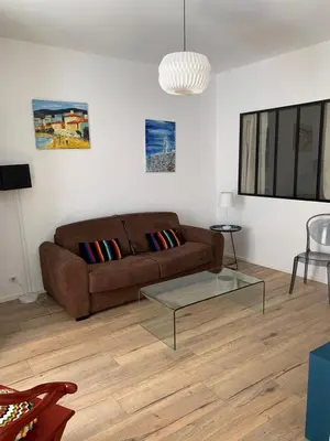a living room with a brown couch and a glass table at Grand studio rue piétonne Ajaccio in Ajaccio