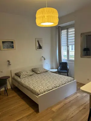 a bedroom with a bed and a chandelier at STUDIO rue pietonne Ajaccio in Ajaccio