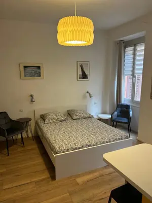a bedroom with a bed and a chandelier at STUDIO rue pietonne Ajaccio in Ajaccio