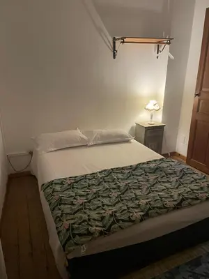 a bedroom with a bed with a green blanket on it at Auberge du cheval blanc in Ajaccio