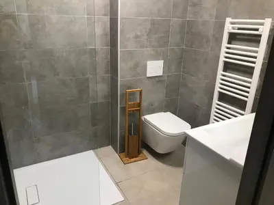 a bathroom with a toilet and a shower and a sink at clos des oliviers in Cargèse