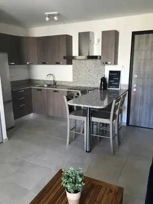 a kitchen with a table and chairs in a room at clos des oliviers in Cargèse