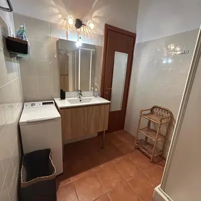 a small bathroom with a sink and a washer at Appartement avec piscine vue mer et montagne in San-Nicolao
