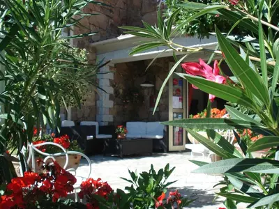 a living room with red flowers and plants at L'Acqua Viva in Calacuccia