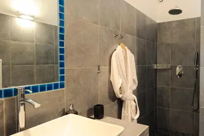 a bathroom with a sink and a shower at Poisson Rouge in Bonifacio