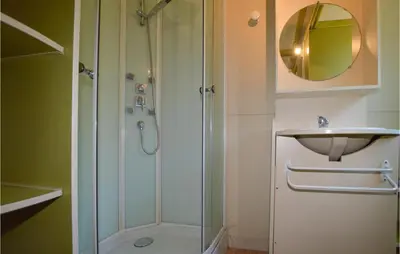 a bathroom with a shower and a sink at Nice Stacaravan In Casalabriva in Casalabriva