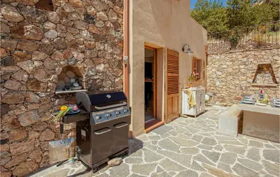 a outdoor kitchen with a stove and a stone wall at Nice Home In Feliceto in Feliceto