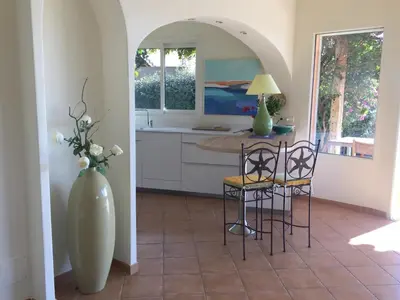 a kitchen with a table and chairs and a vase at CAEDA in Porto-Vecchio