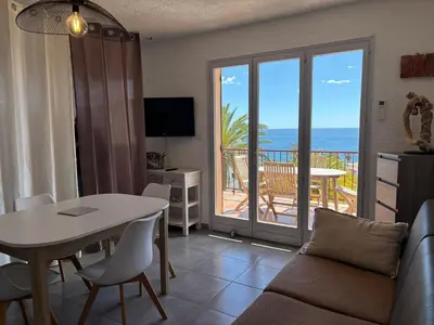 a living room with a couch and a table with a view at Cardellini 10- vue mer-piscine en résidence in Sari Solenzara