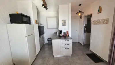 a kitchen with a white refrigerator and a counter at Cardellini 10- vue mer-piscine en résidence in Sari Solenzara