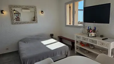 a room with a bed and a tv on the wall at Cardellini 10- vue mer-piscine en résidence in Sari Solenzara