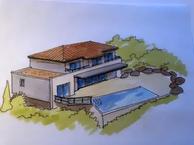a drawing of a house with a swimming pool at Villa Mamago in Cirendinu