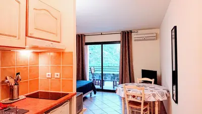 a living room with a couch and a table with a television at Résidence A Barcella in Porto Ota