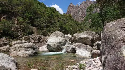 a river with rocks and a mountain in the background at Résidence A Barcella in Porto Ota
