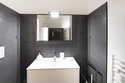 a bathroom with a white sink and a mirror at L'Ebene in Coti-Chiavari