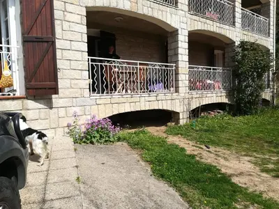 a woman looking out of a balcony with a dog at Belle maison de charme ancien, vue mer et montagne in Casalabriva