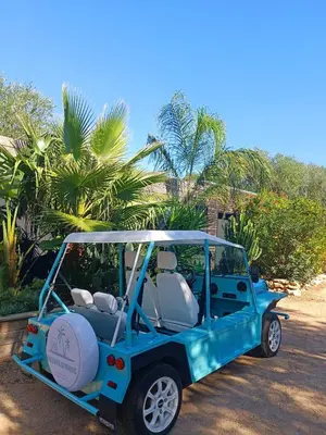 a blue golf cart parked in a parking lot at Hôtel Les Suites Du Maquis in Bonifacio