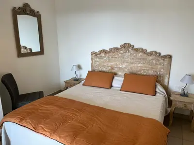 a bedroom with a large bed with two pillows on it at Résidence Castugna in Cargèse