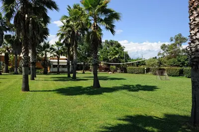 a park with palm trees and a net at Le Banana's Hotel in Aléria