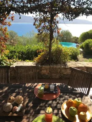 a table with two teddy bears and fruit on it at Villas Valinco San Martinu Corse du Sud - vue et proche mer - piscines-7 chambres in Olmeto