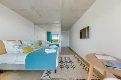 a bedroom with a large bed and a desk at Hotel le Jardin d'Emile in Porticcio