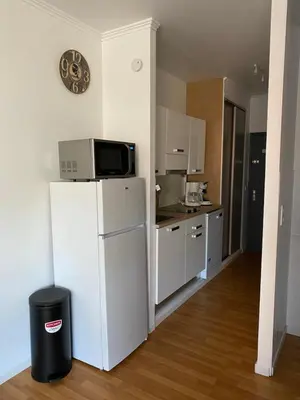 a kitchen with a white refrigerator and a microwave at Residence Santa Lucia, studio avec piscine , vue mer et pied dans l'eau , Moriani-Plage in Santa-Lucia-di-Moriani