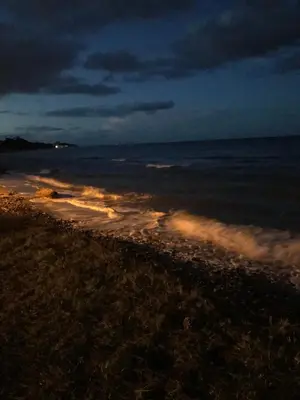 a view of the beach at night with the ocean at Residence Santa Lucia, studio avec piscine , vue mer et pied dans l'eau , Moriani-Plage in Santa-Lucia-di-Moriani