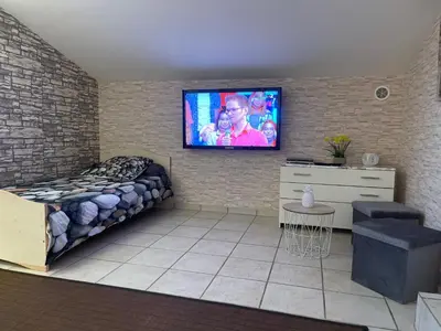 a bedroom with a bed and a tv on a brick wall at Chez Chris Mare & Macchia in Porto-Vecchio