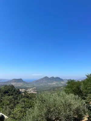 a view of the mountains from a hill with trees at Maison 4 Pers - Vue mer et vignoble exceptionnelle in Poggio-dʼOletta