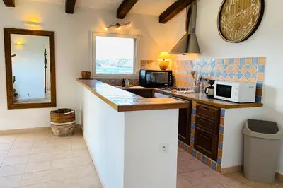 a kitchen with a counter with a microwave and a clock at Charmante villa 2 chambres les pieds dans l'eau Bonifacio in Bonifacio