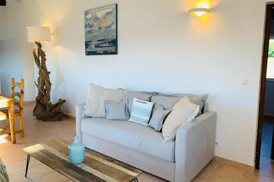 a living room with a couch with pillows on it at Charmante villa 2 chambres les pieds dans l'eau Bonifacio in Bonifacio