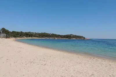 a sandy beach with blue water and trees in the background at Appartement vue piscine dans résidence de standing in Porto-Vecchio