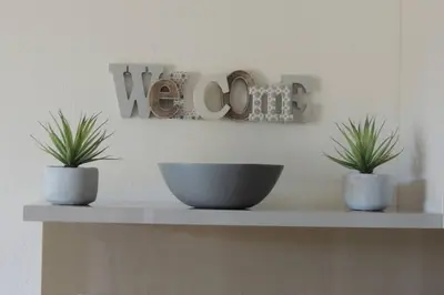 two potted plants sitting on a shelf with a bowl at Appartement vue piscine dans résidence de standing in Porto-Vecchio