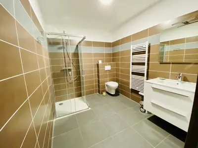 a bathroom with a shower and a sink and a toilet at Fronte di Mare 2 chambres vue mer - 1 in Propriano