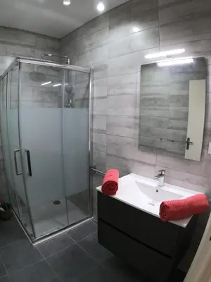 a bathroom with a shower and a sink with red towels at PASSERELLE DU MARIN in Ajaccio