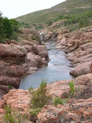 a river flowing through a rocky canyon with trees at Maison de caractère, pierre sèche, Galéria, pour 2 in Galeria