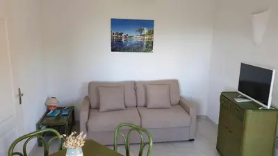 a living room with a couch and a tv at Résidence Liccia di Furu in Porto-Vecchio