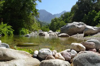a river with rocks and trees and mountains in the background at Casa Del Torrente in Porto Ota