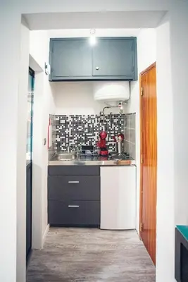 a small kitchen with a sink and a counter at Studio cosy les pieds dans l'eau, climatisé, Parking privé, Vue montagne in San-Nicolao