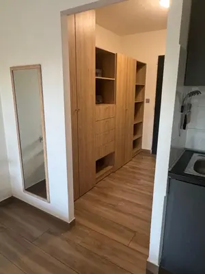 a kitchen with a wooden door and a mirror at Appartements PORTICCIO CENTRE in Porticcio
