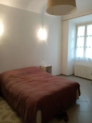 a bedroom with a large bed with a red blanket at Appartement cours Bonaparte in Sartène